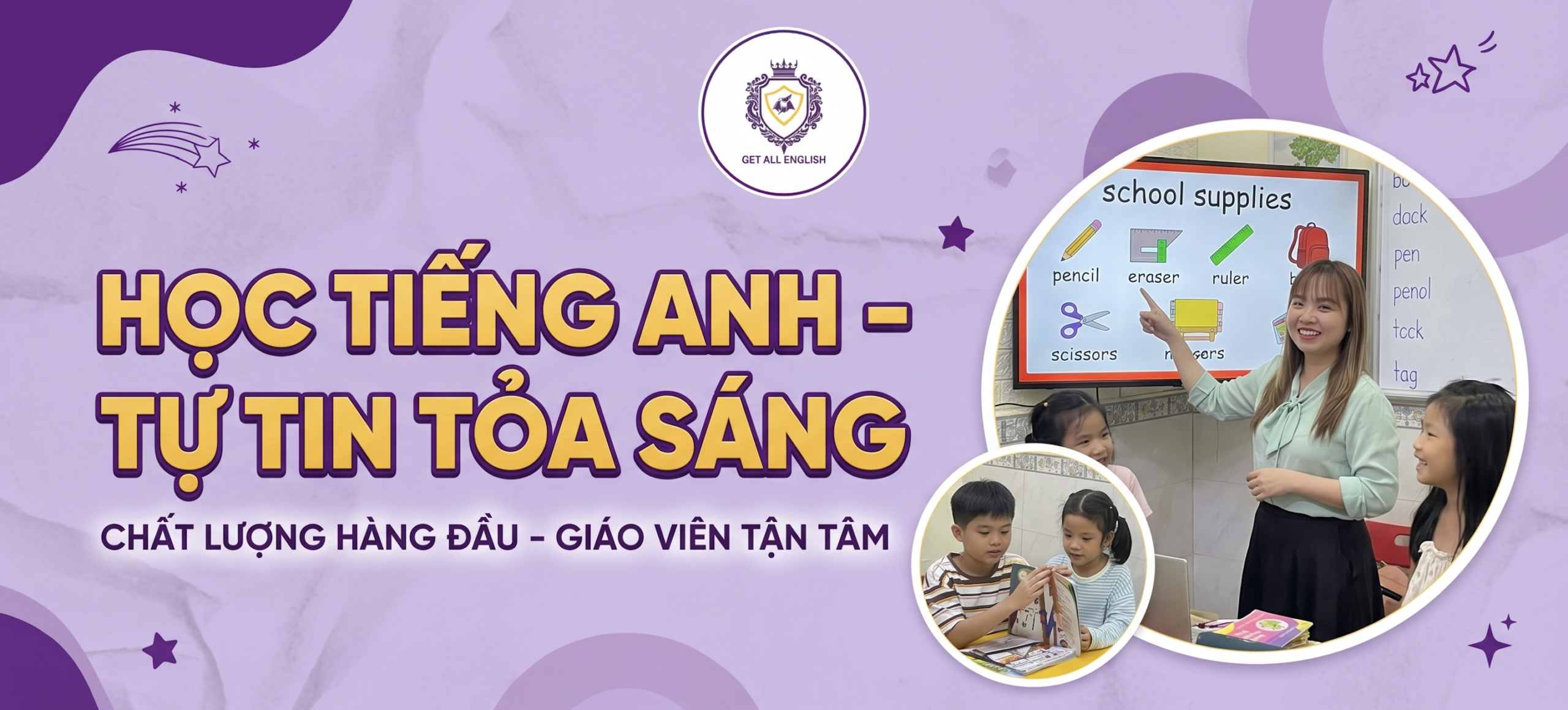 Trẻ em thích thú tương tác với bài học qua màn hình thông minh tại Get All English
